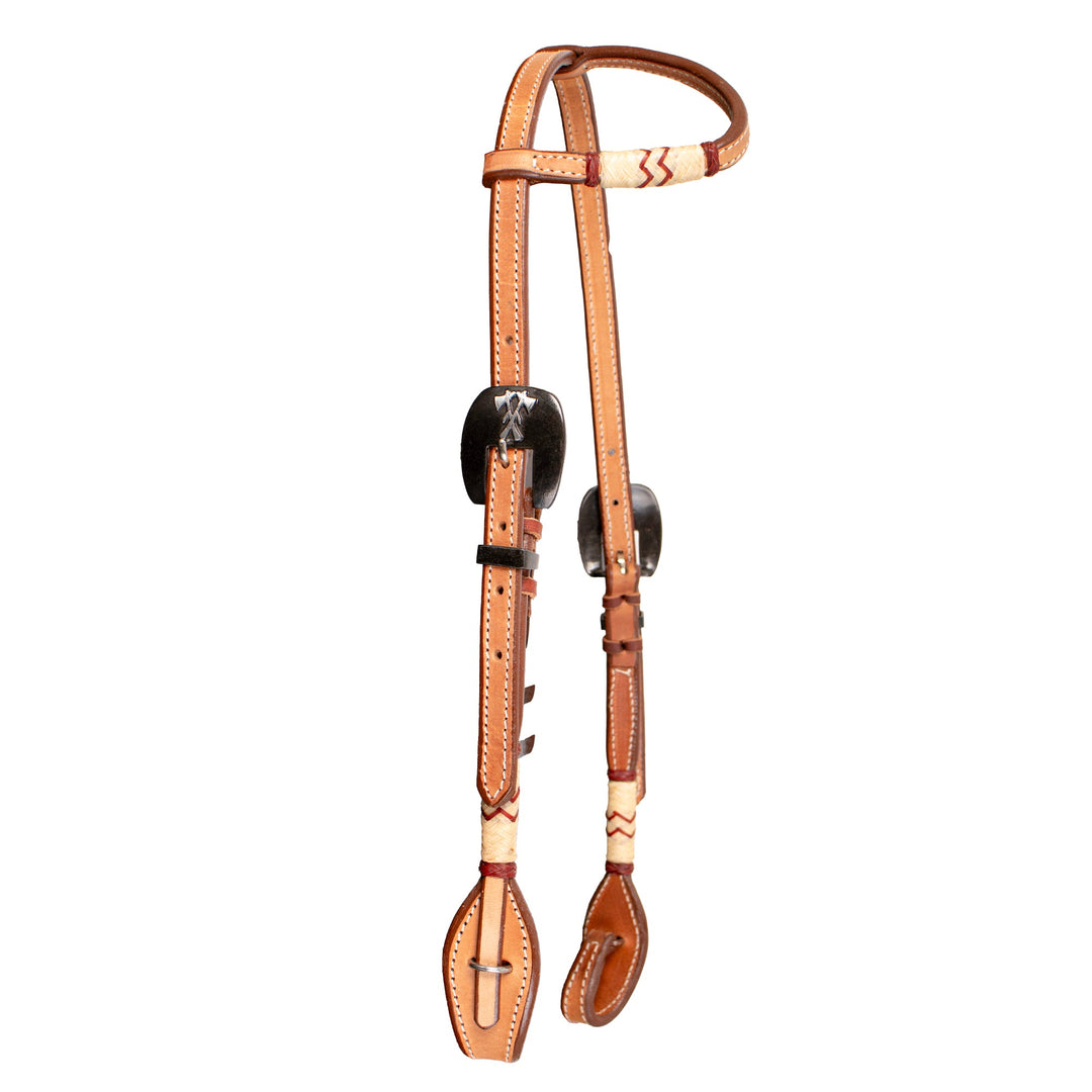 One ear Rawhide Braided headstall with quick change bit attachments and antique Tomahawk buckle sets.