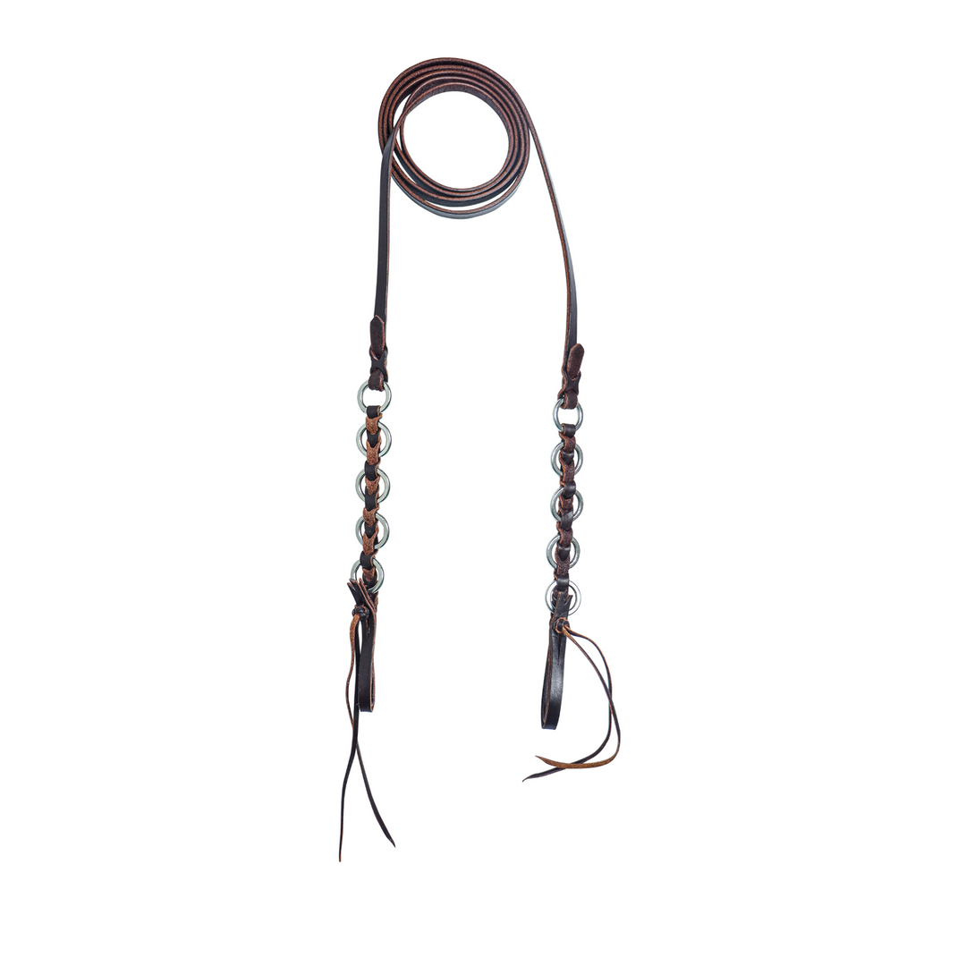 Dark oil smooth leather roping reins with 5 rings and leather buttons and rosette quick change ends.