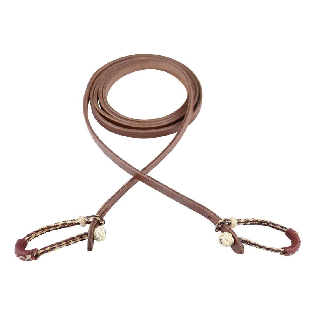 Smooth leather roping reins with rawhide braided quick change loop ends