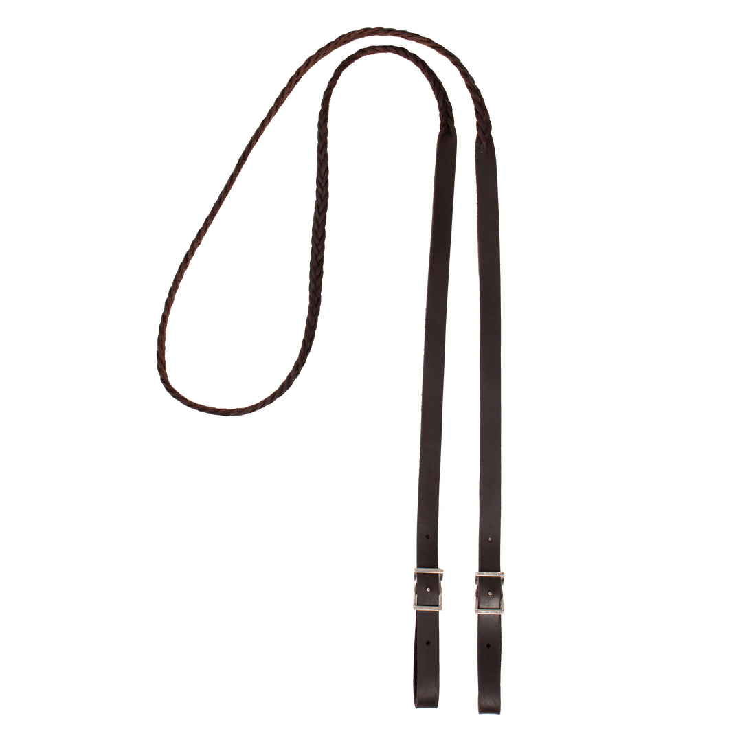 Dark oil leather braided roping reins with conway buckle ends