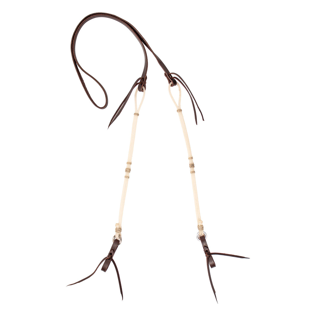 Half & half roping reins: smooth leather with braided rawhide for feel and ideal weight. Water loop ends