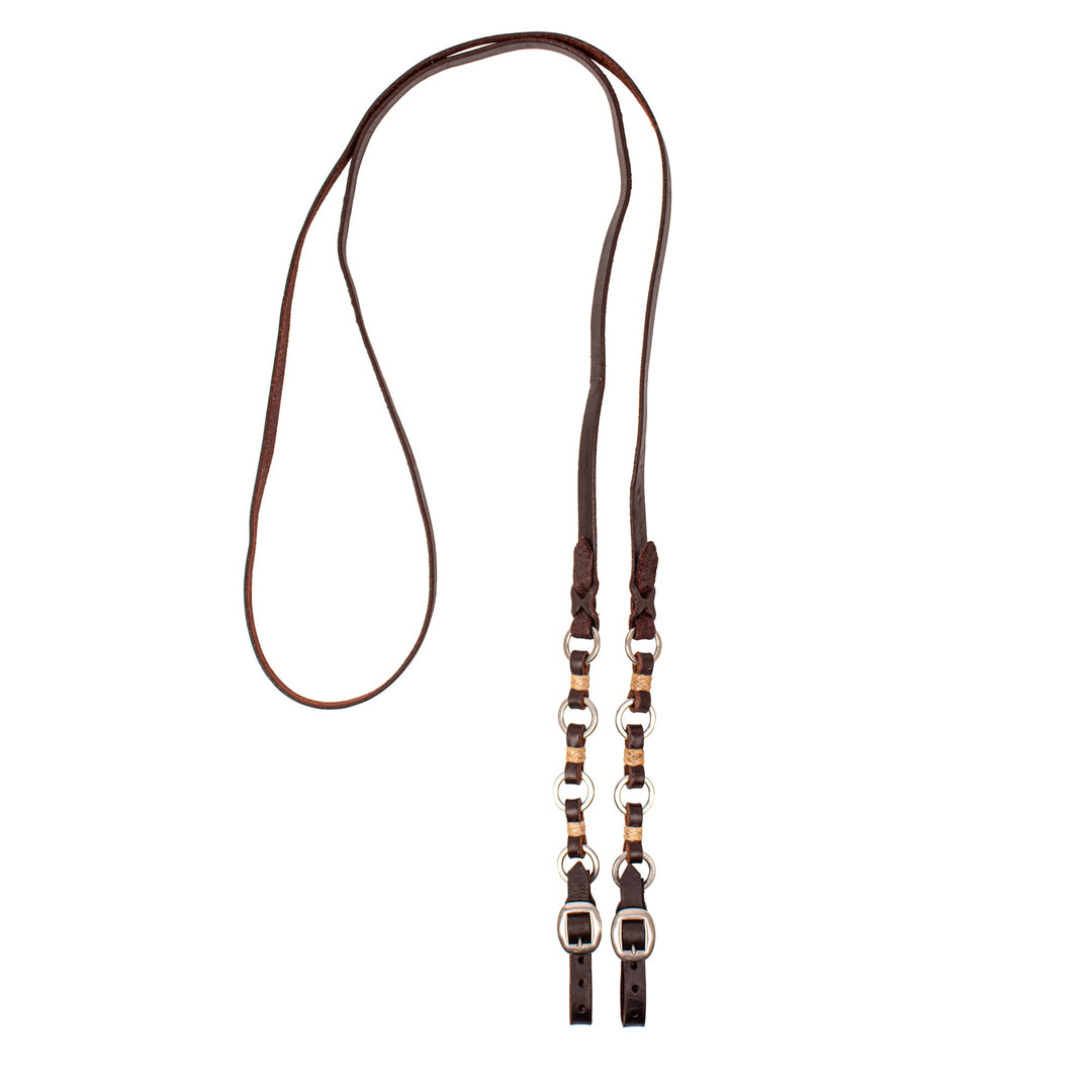 Smooth leather roping reins with 5 rings and rawhide buttons and buckle quick change ends.