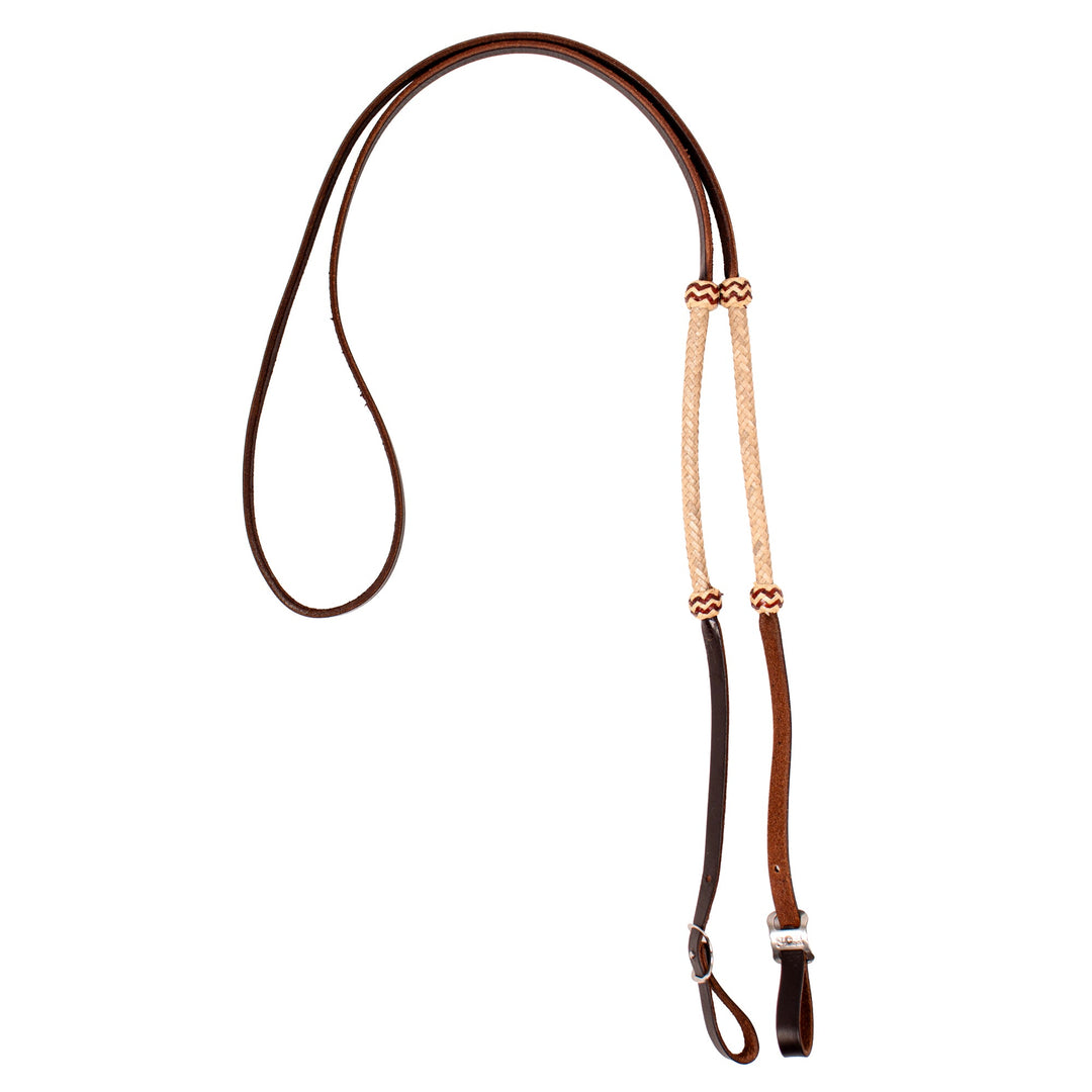 Smooth leather roping reins with weighted rawhide braided section and conway buckle ends